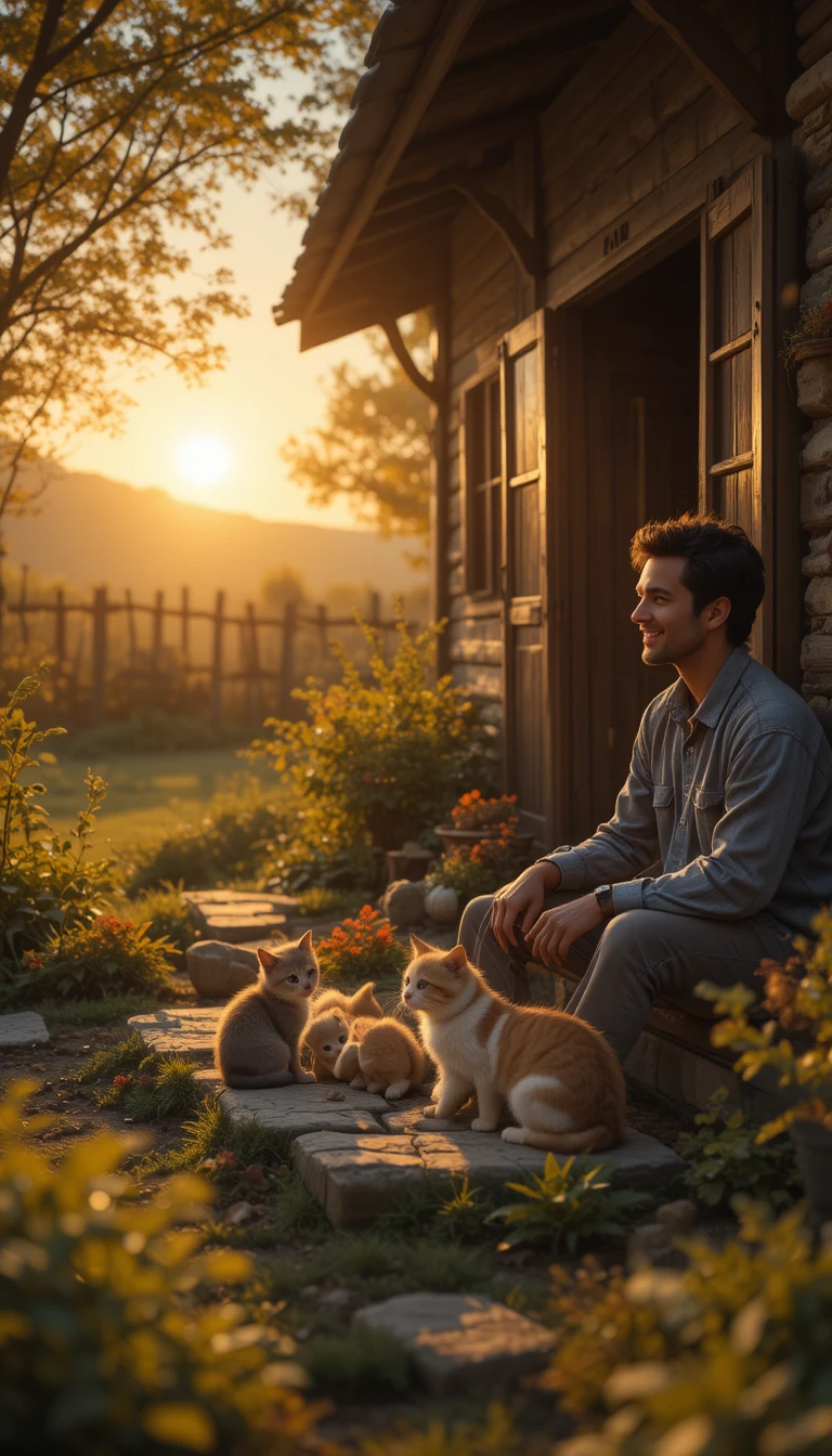 Gata mãe e filhotes descansando ao lado de uma casa de vila ao pôr do sol