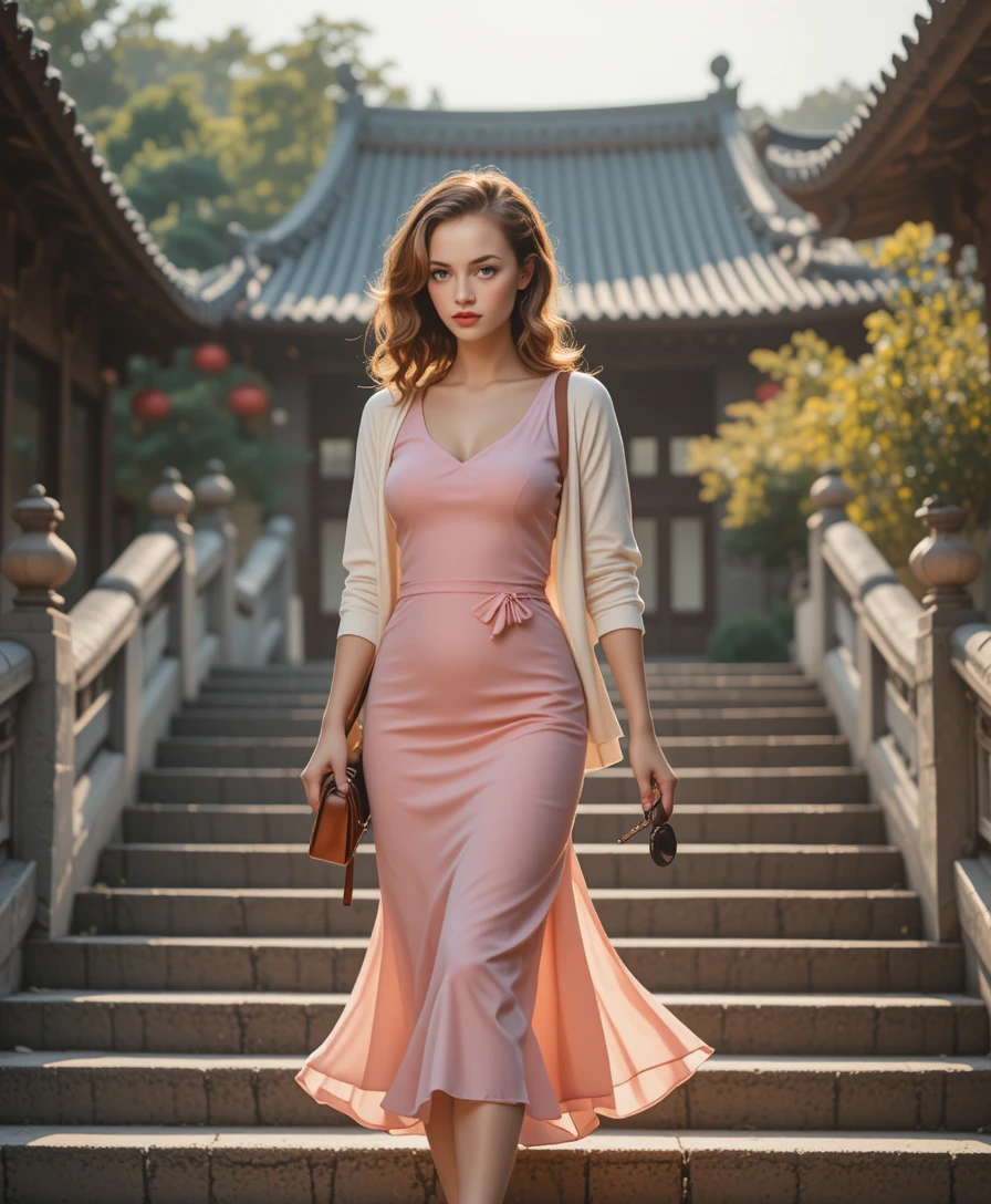 Elegant blonde woman walking down temple stone steps