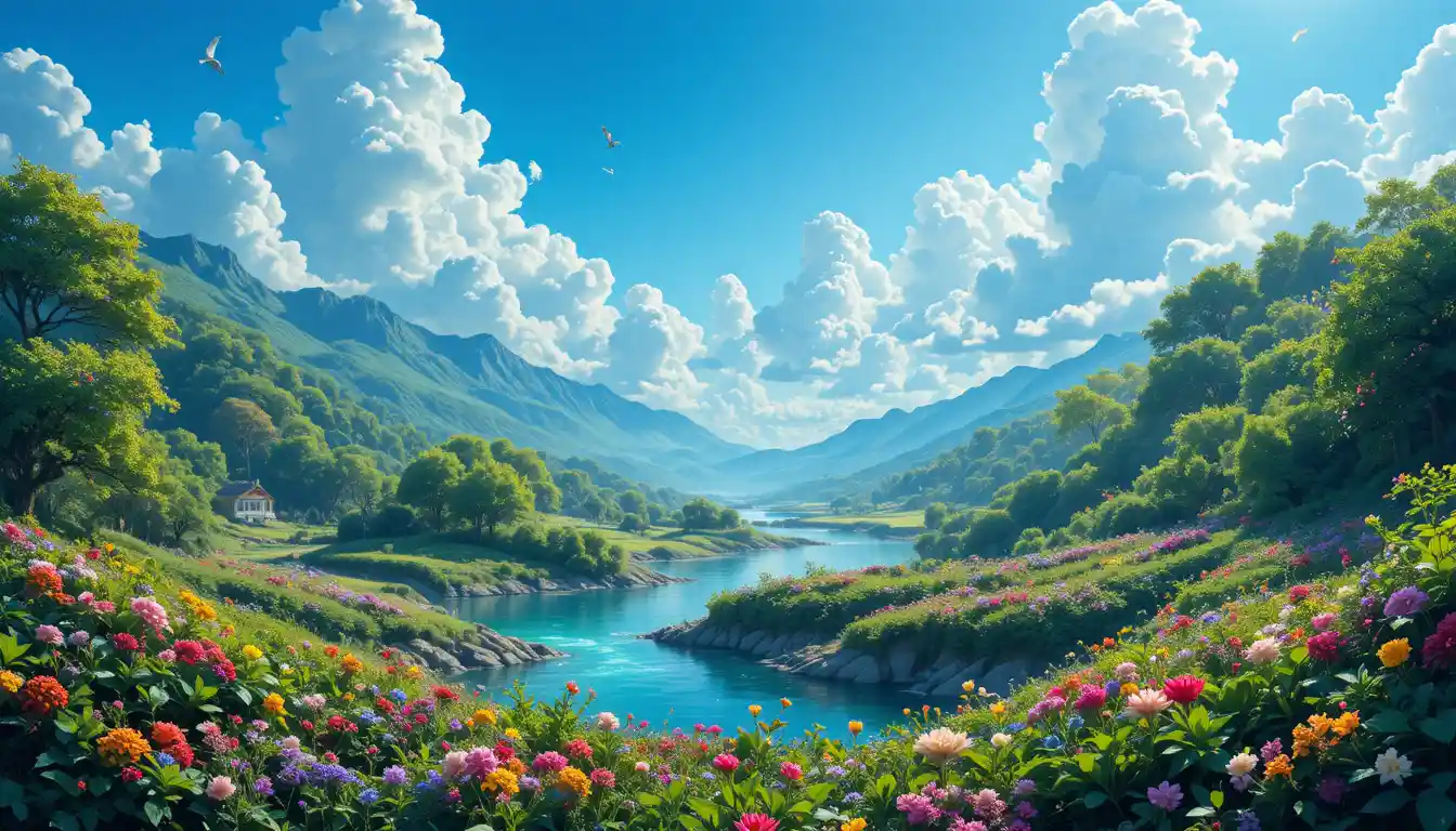 Rigoglioso giardino sul fiume sotto un cielo azzurro con luce soffusa