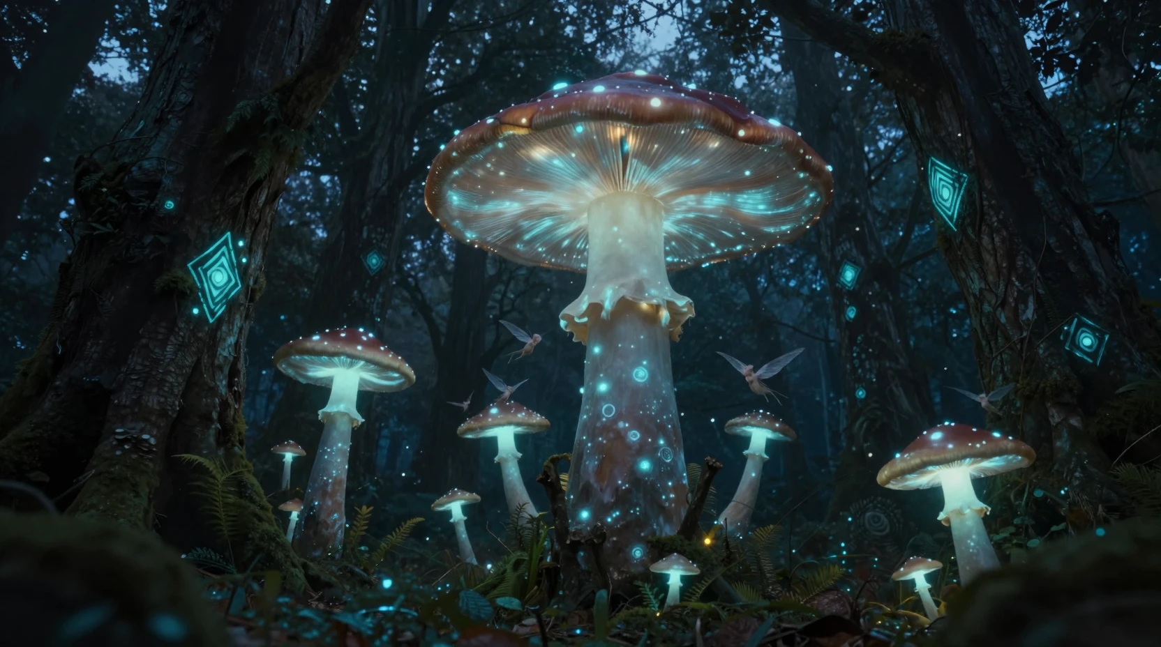 Floresta de Cogumelos Bioluminescentes com Pequenos Espíritos Alados