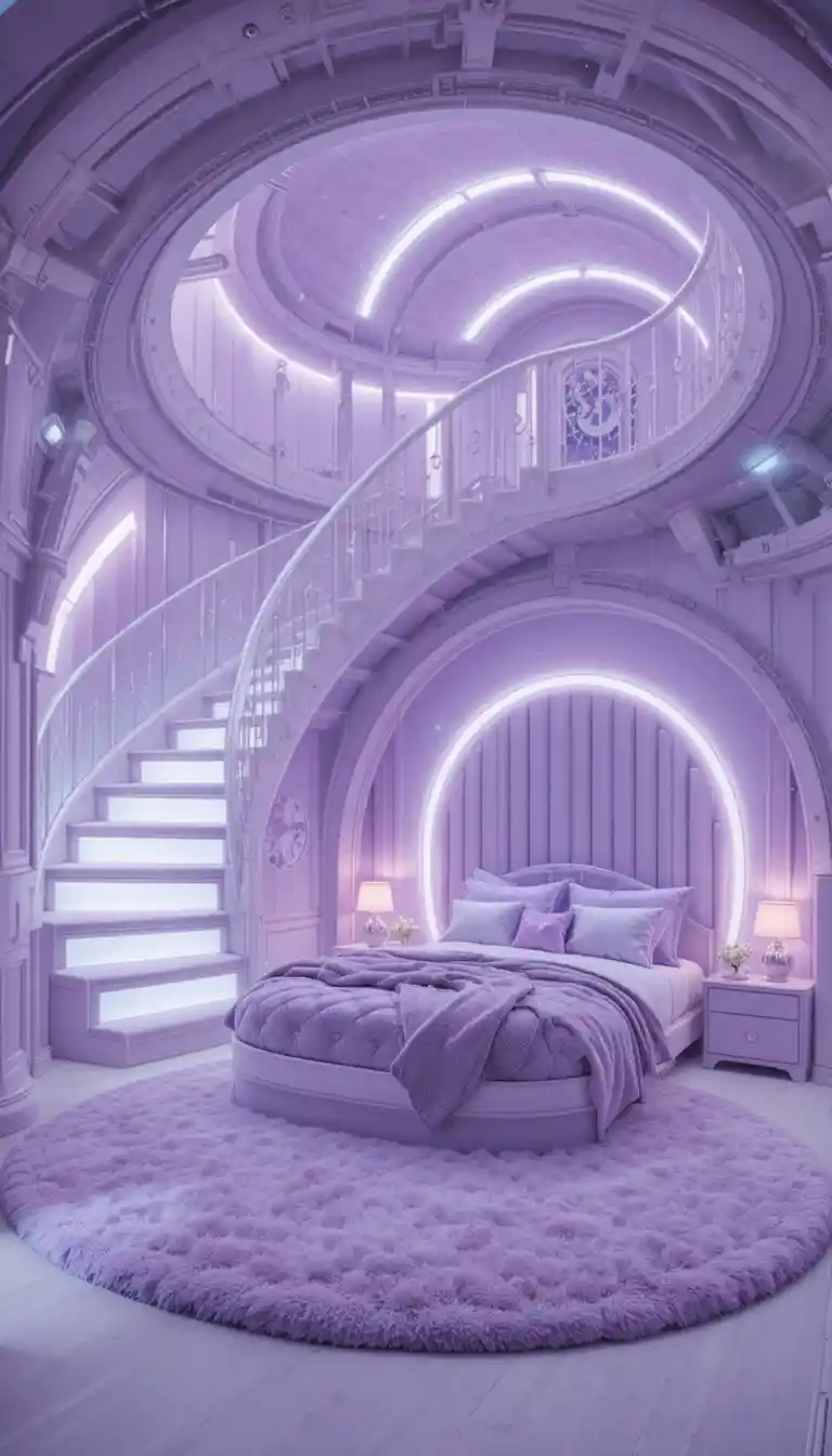 Futuristic lavender loft bedroom with glowing led accents