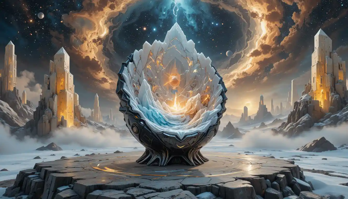 Futuristic ornate chair floating in a swirling cosmic scene