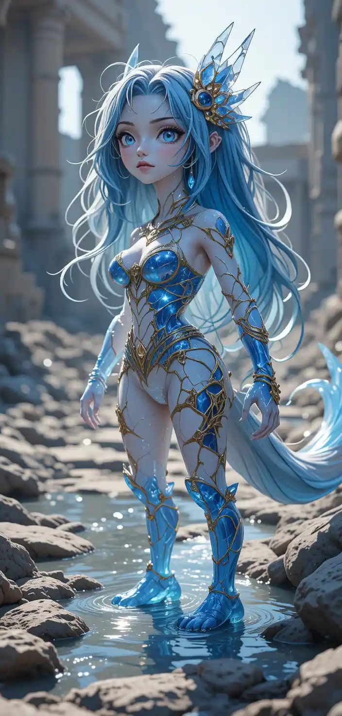 Anime-Kriegerin mit langem cyanfarbenem Haar und Gildenzeichen
