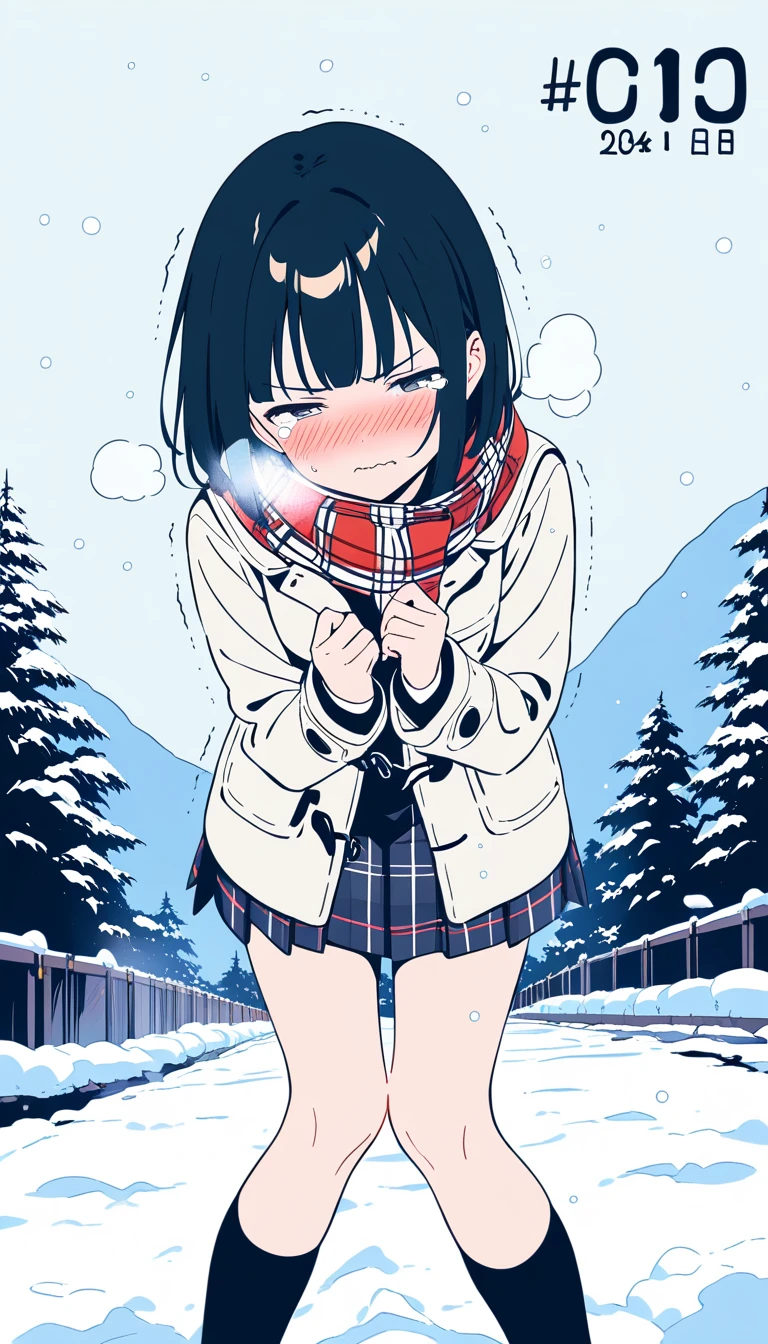 Shy anime schoolgirl in winter coat on snowy street