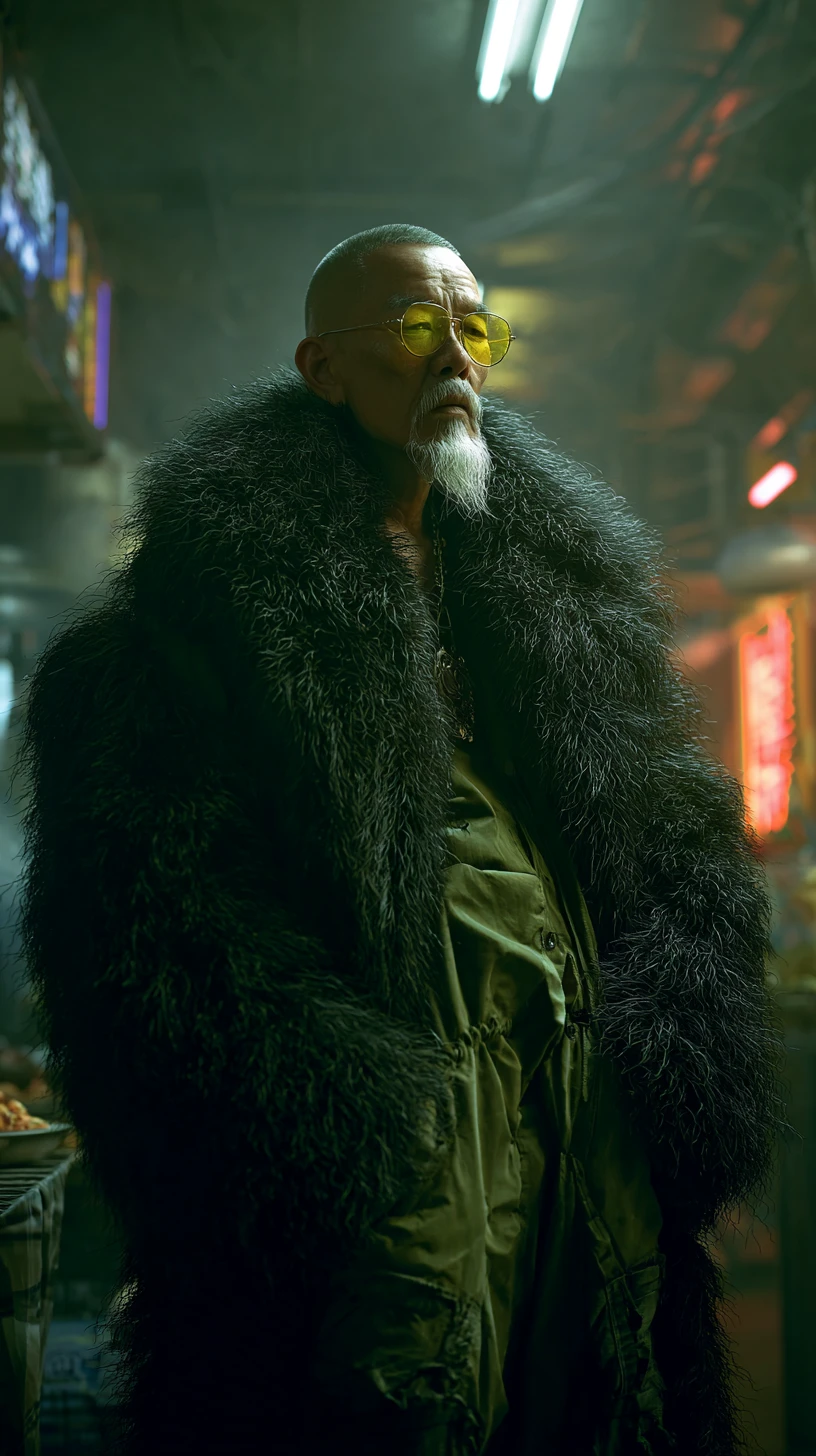 Stilvoller älterer Mann auf einem Cyberpunk-Streetfood-Markt
