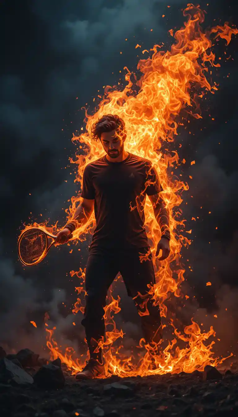 Jogador de padel furioso com aura de fogo em fundo preto