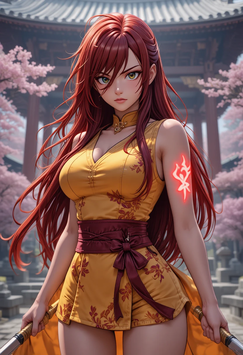 Guerreira de anime com duas katanas no templo