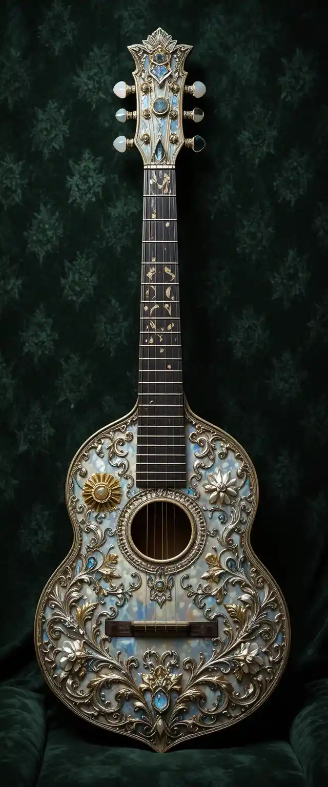 Ornate silver lute with celestial motifs on velvet background
