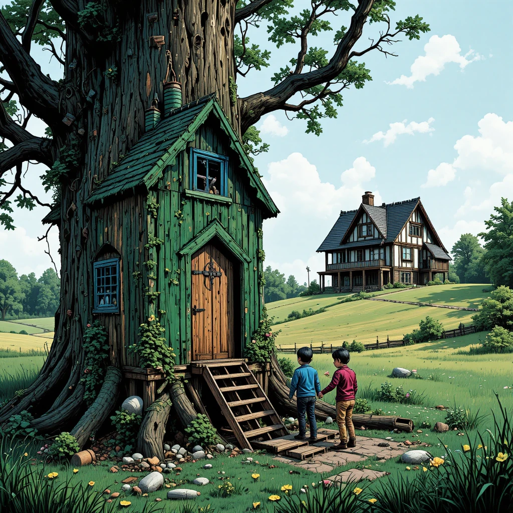 Familia construyendo una casa en el árbol en un prado de castaños