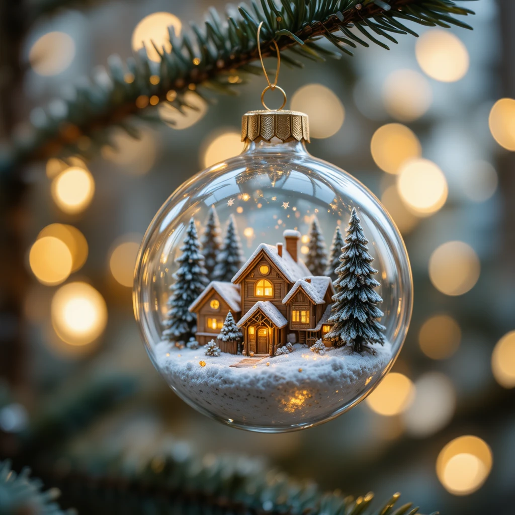 Pallina di Natale in vetro con minuscolo villaggio innevato all'interno