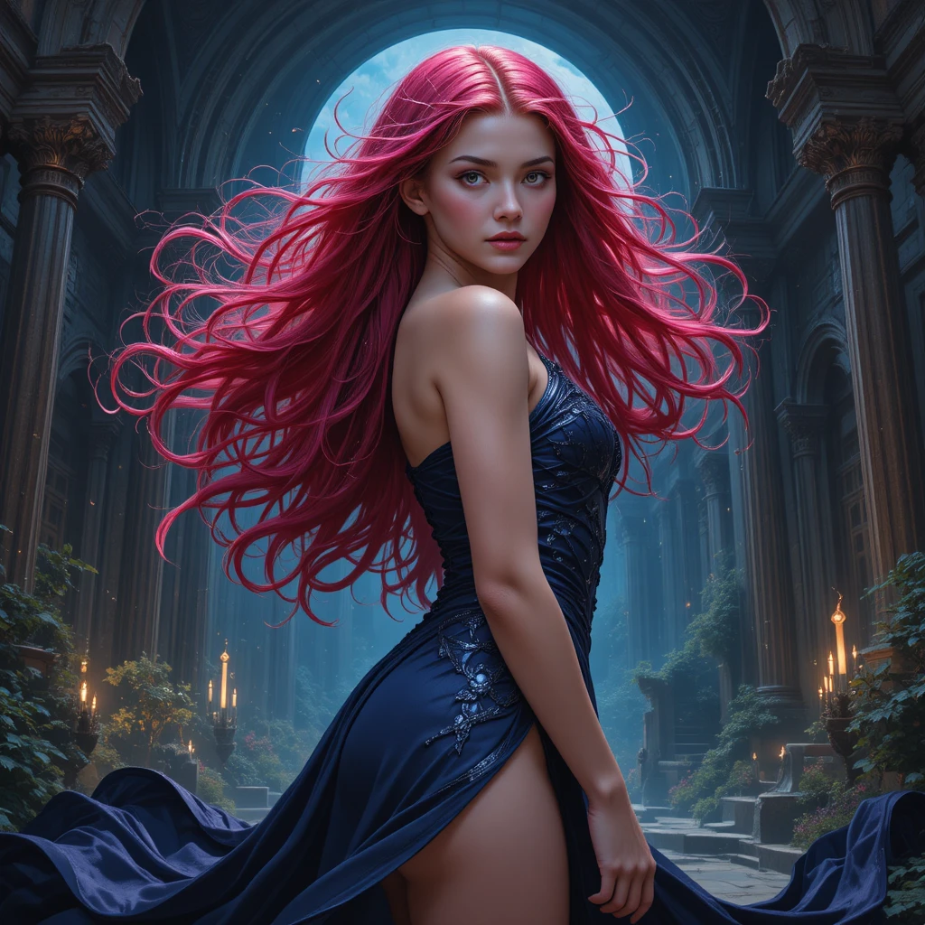 Fantasy woman with flowing magenta hair in ancient ruins