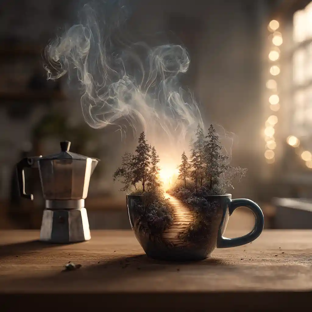 Traumhafte Waldszene in einer Kaffeetasse auf einer gemütlichen Küchentheke
