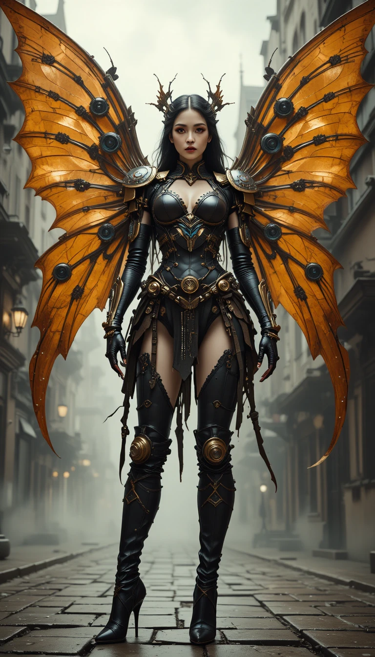 Goth steampunk fairy warrior in mechanical winged armor