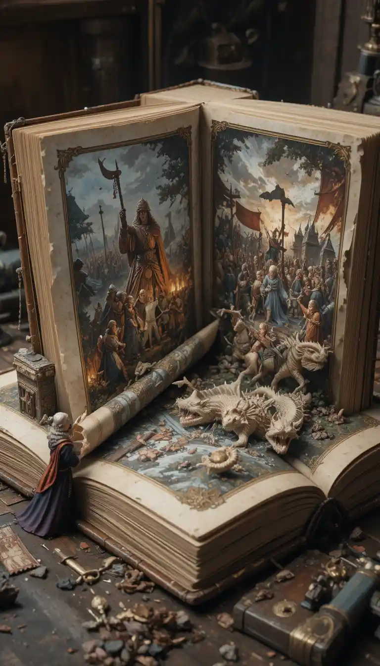 Pequeno mago virando um enorme livro 3D vintage aberto