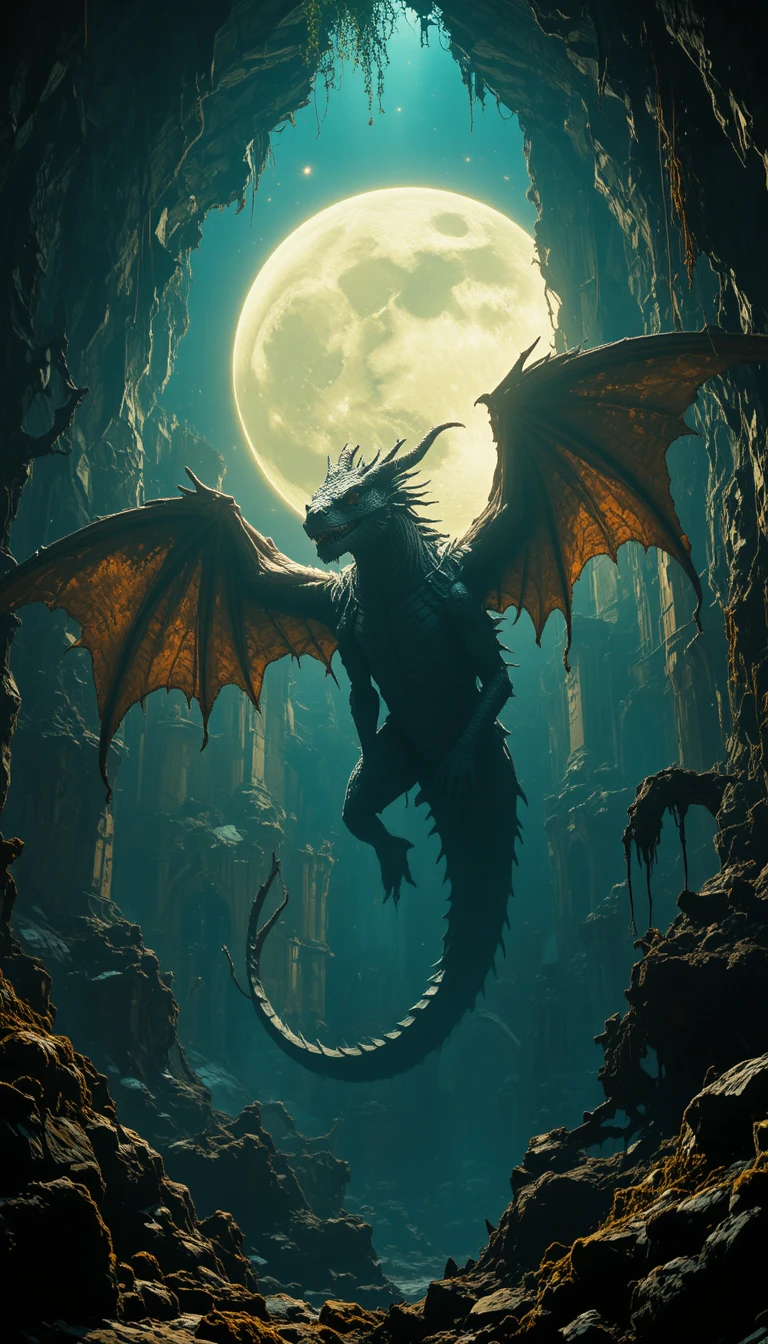 Black dragon flying before a luminous full moon