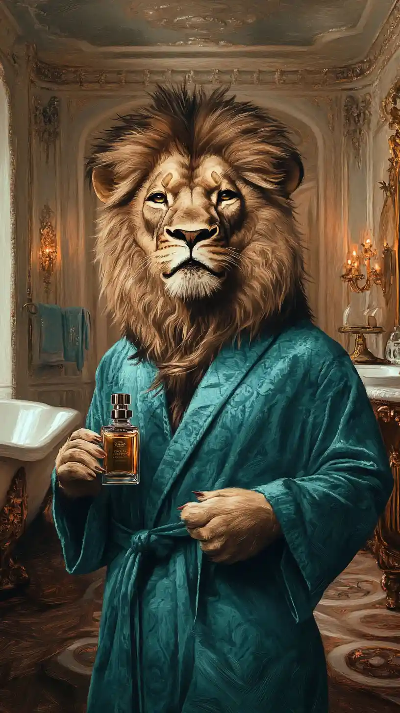 Anthropomorphic Lion In Teal Bathrobe With Perfume Bottle
