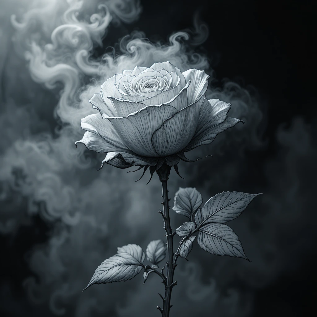 Rosa incisa che emerge dalla nebbia su sfondo di notte scura
