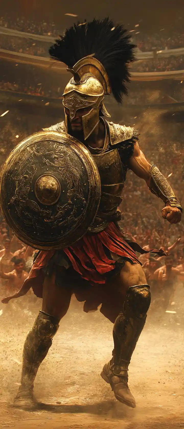 Ancient bronze warrior lunging forward in dusty arena