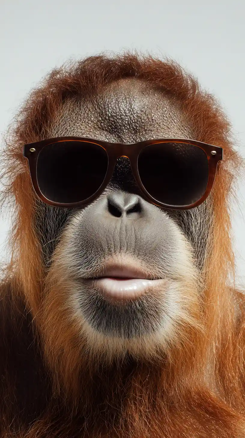 Funny orangutan in sunglasses chewing gum on white background