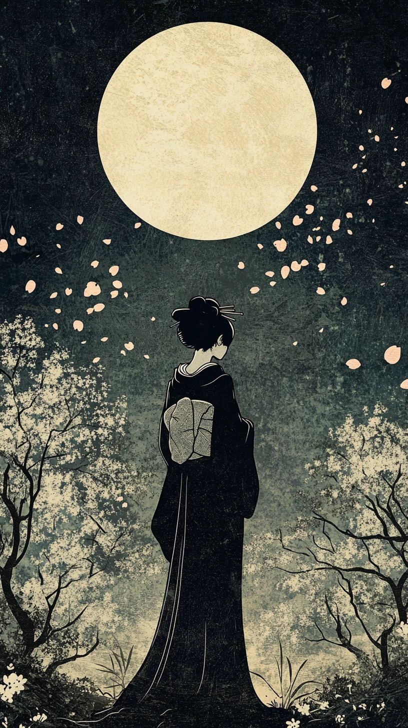 Geisha In Moonlit Garden With Falling Cherry Blossoms
