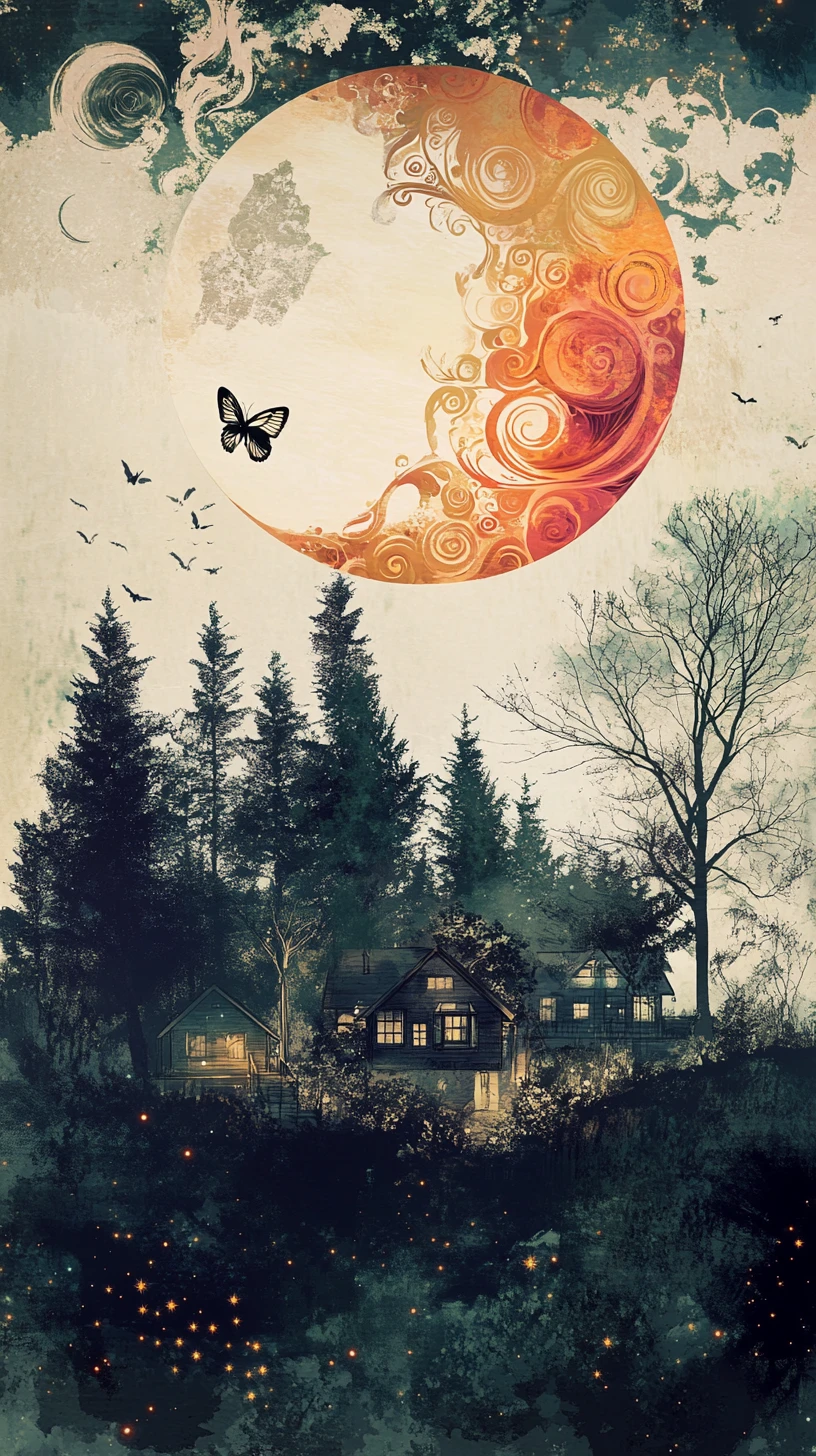 Magical butterfly in a swirling fairytale moonlit landscape