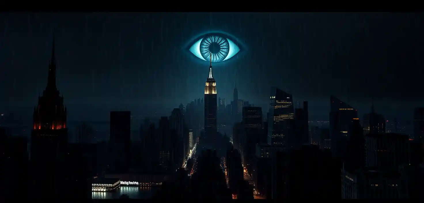 Géant Œil Lumineux au-dessus de la Skyline de New York à Minuit