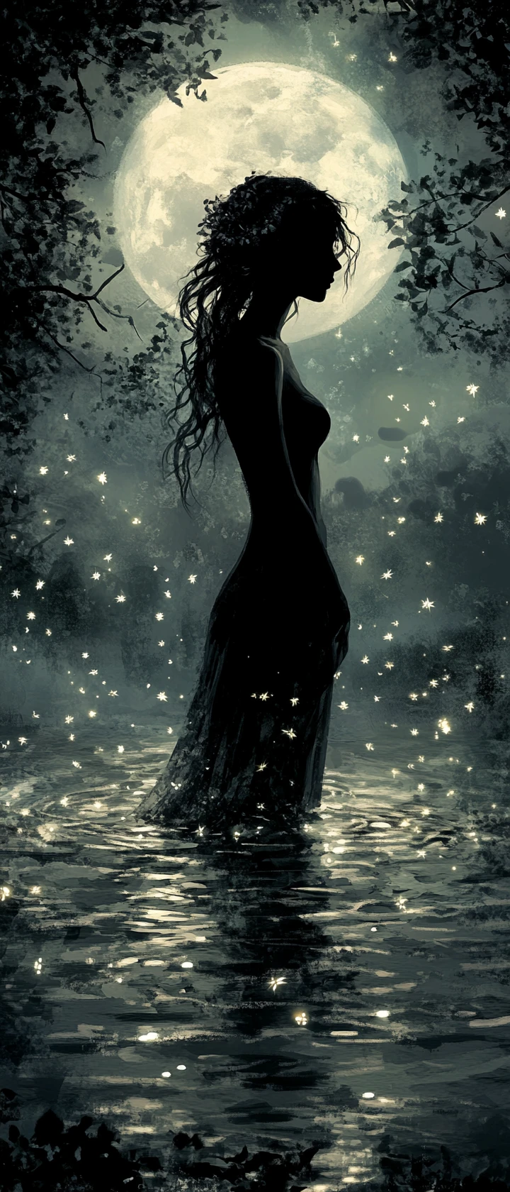 Jeune elfe dans un lac au clair de lune, entourée de lucioles lumineuses