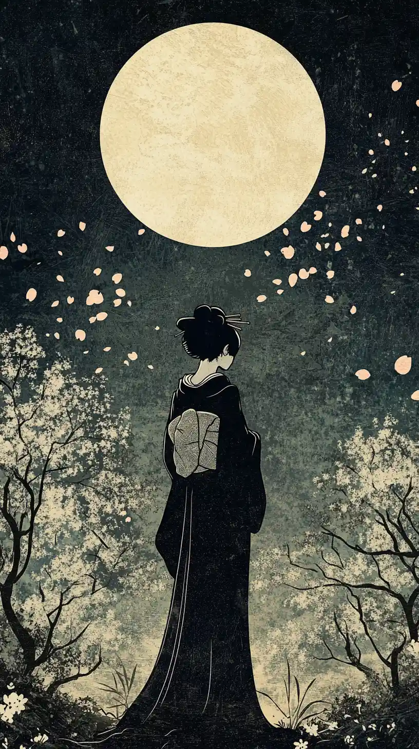 Geisha In Moonlit Garden With Falling Cherry Blossoms