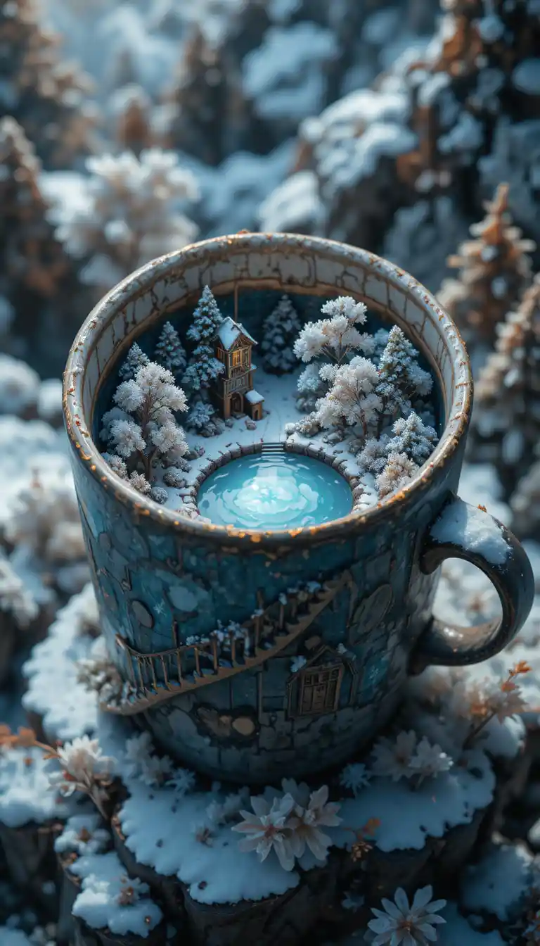 Tazza di caffè incantata che rivela una valle montana isometrica nascosta