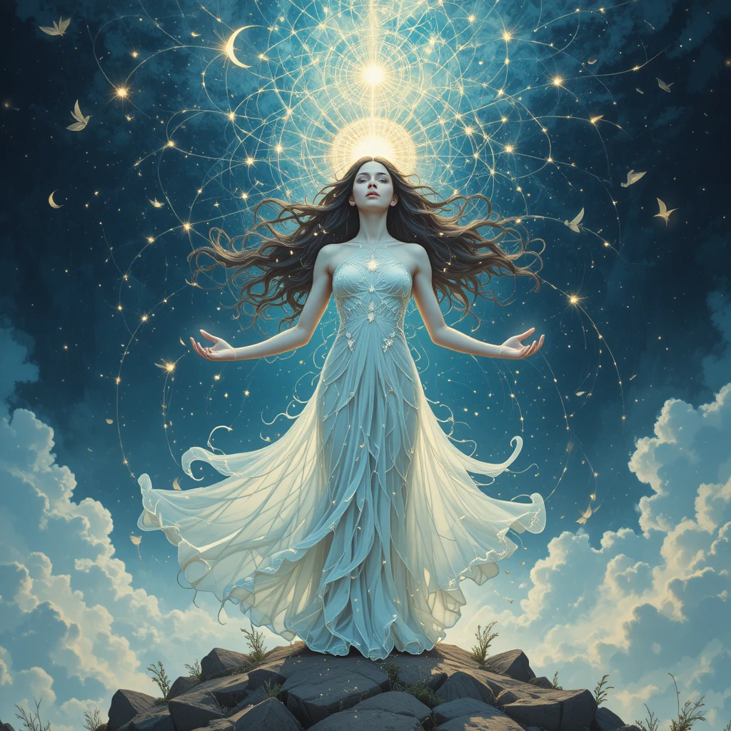 Risveglio mistico di una donna connessa con terra e cielo