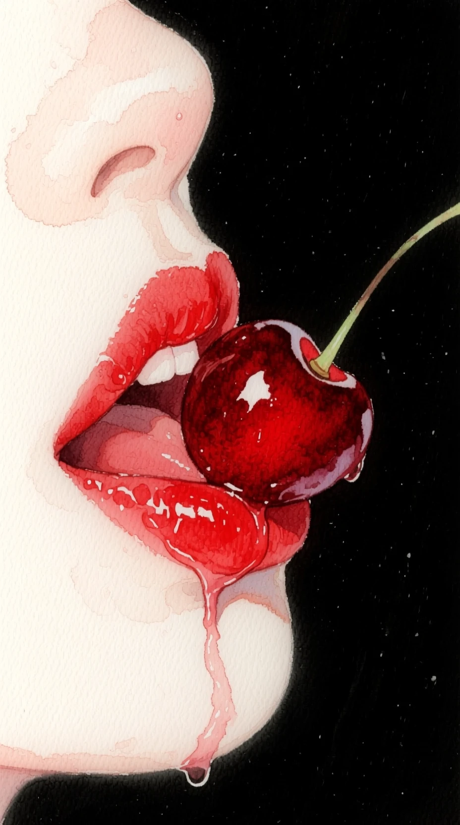 Feuchte rote Lippen, die sinnlich eine einzelne saftige Kirsche halten