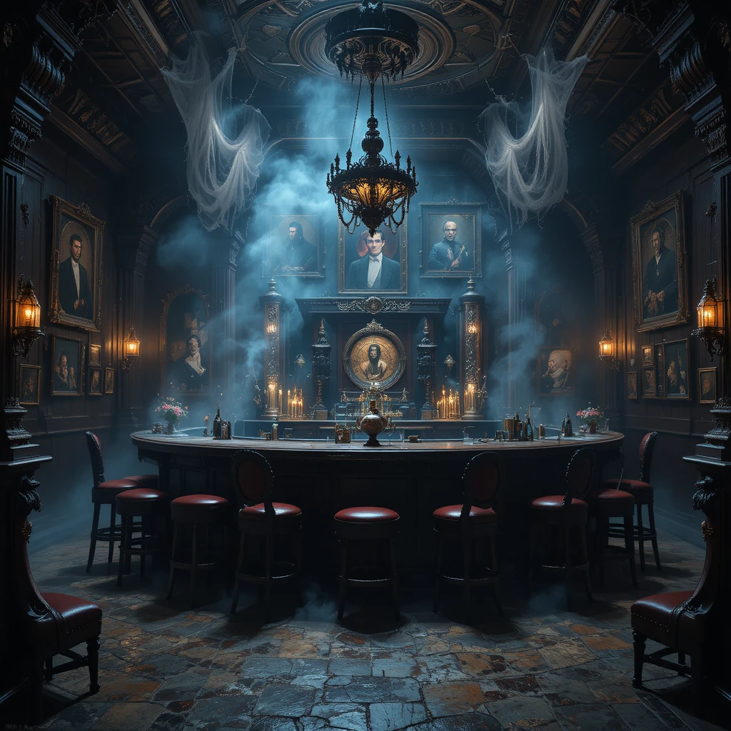 Bar in oscuro covo da villain con décor gotico e fumo