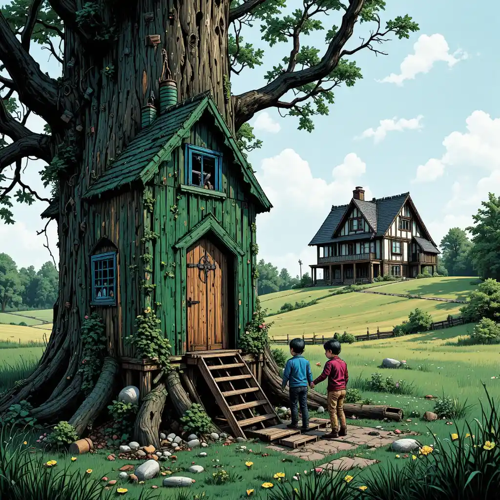 Family building a treehouse in a chestnut tree meadow