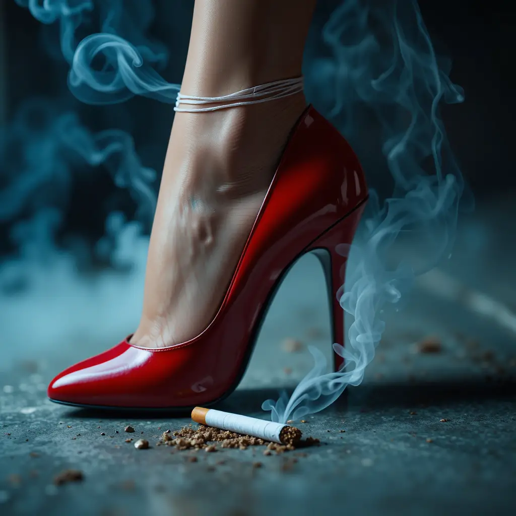 Roter High Heel über einer qualmenden weggeworfenen Zigarette