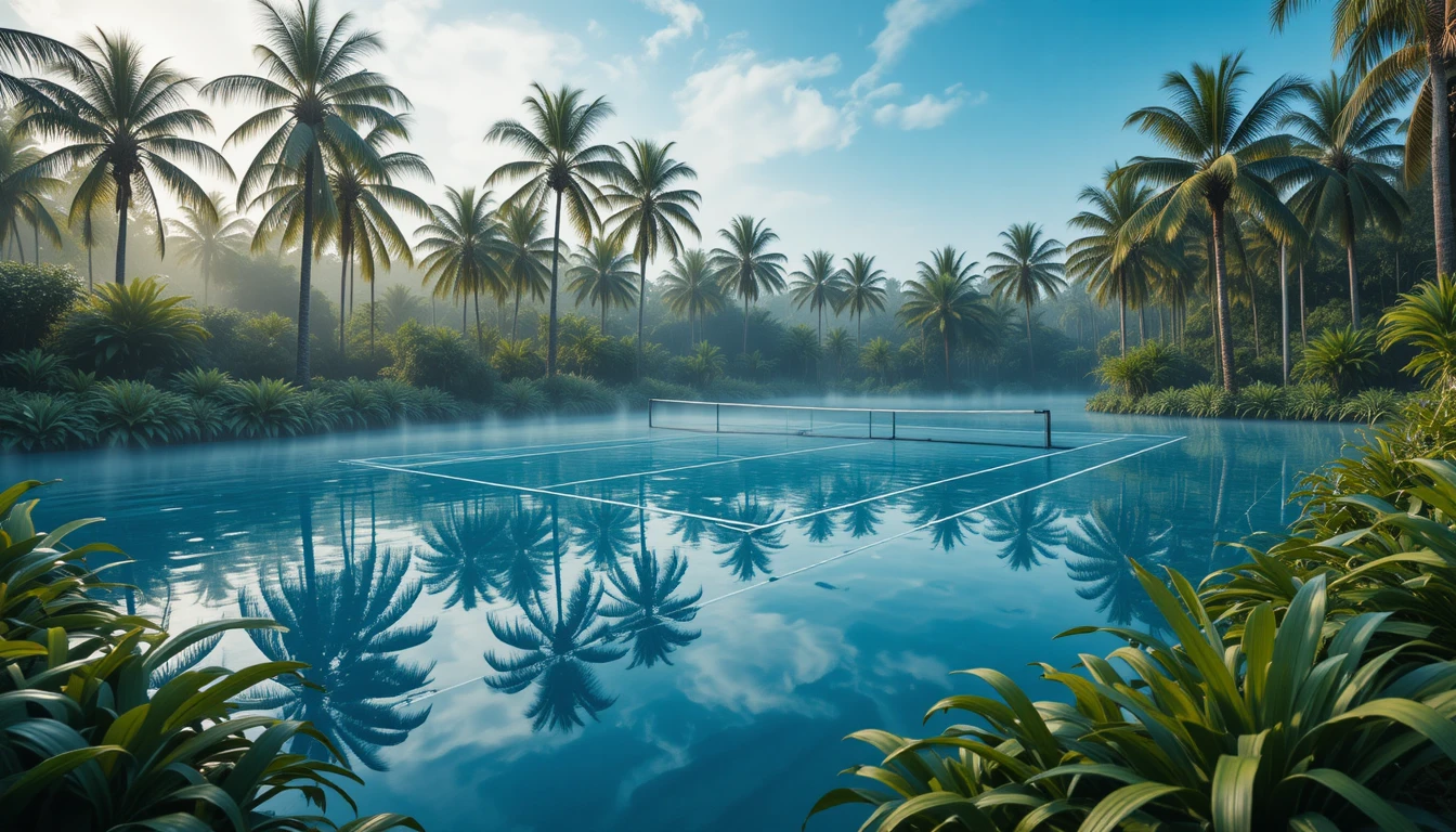 Quadra de padel tropical refletida na água calma da manhã