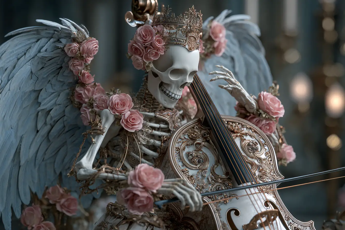 Skeletal angel playing a rose covered cello in cathedral