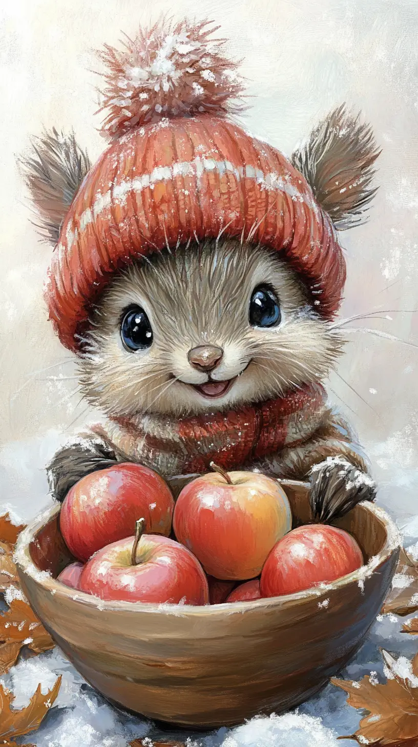 Adorable animal d’hiver avec bonnet à pompon et pommes