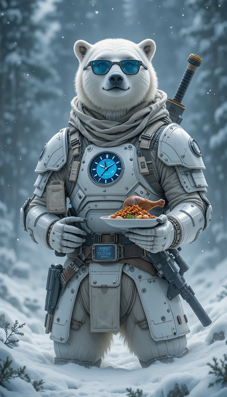 Urso‑polar guerreiro na neve com latte e bento