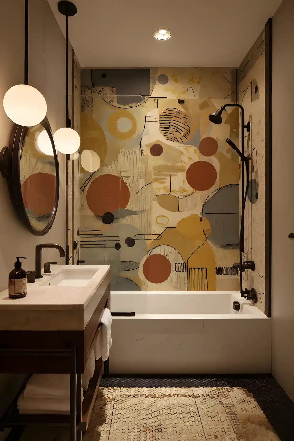 Bagno retrò moderno con murale dorato astratto