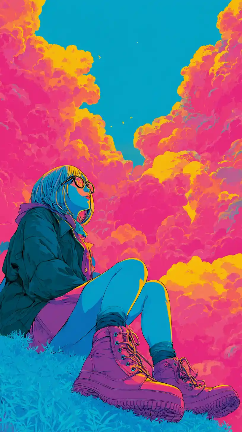Retro anime girl in surreal neon winter sky