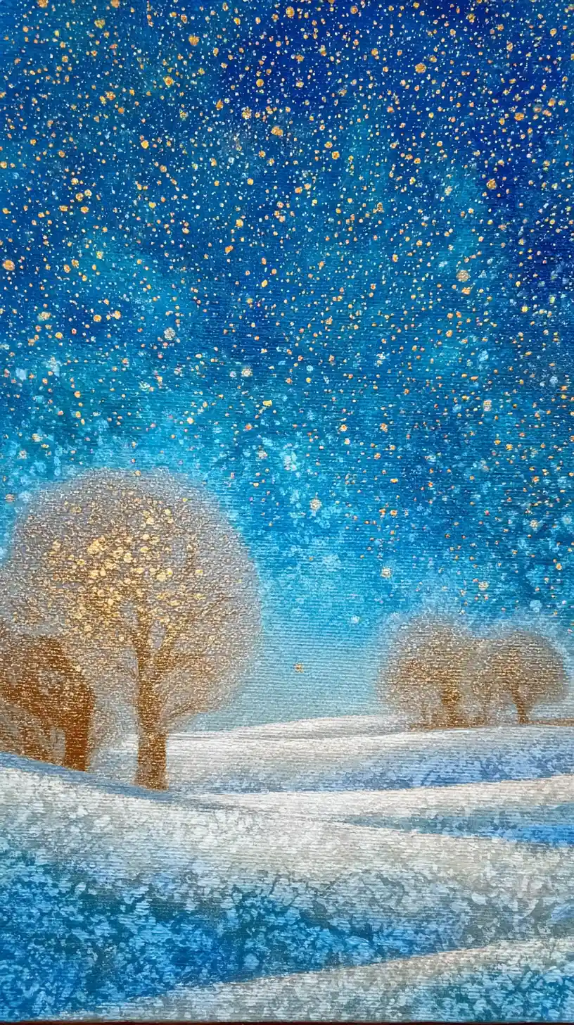 Snowy landscape under blue sky with glittering snowflakes