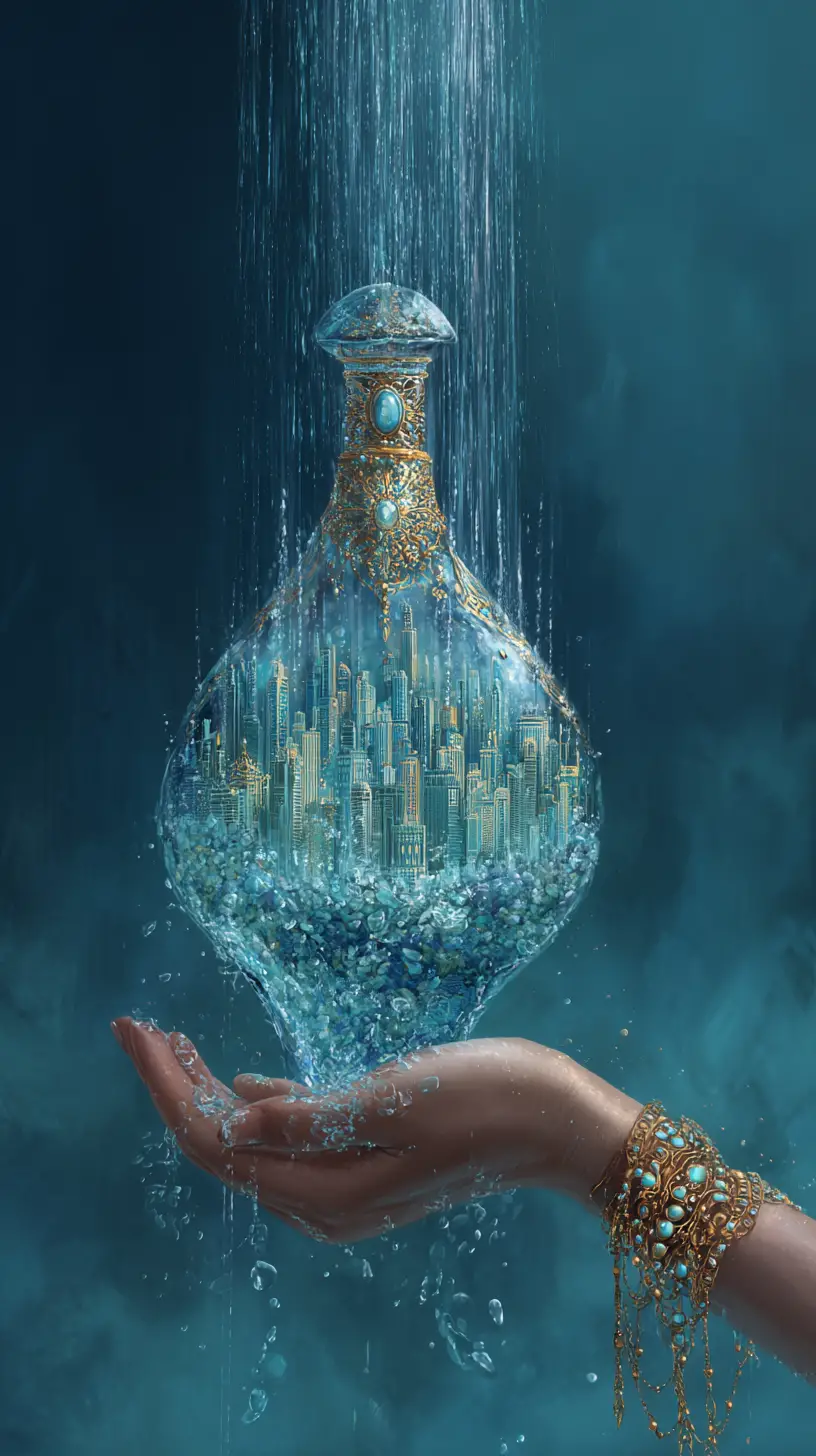 Ätherische Wasserstadt, die aus einer magischen Flasche fließt