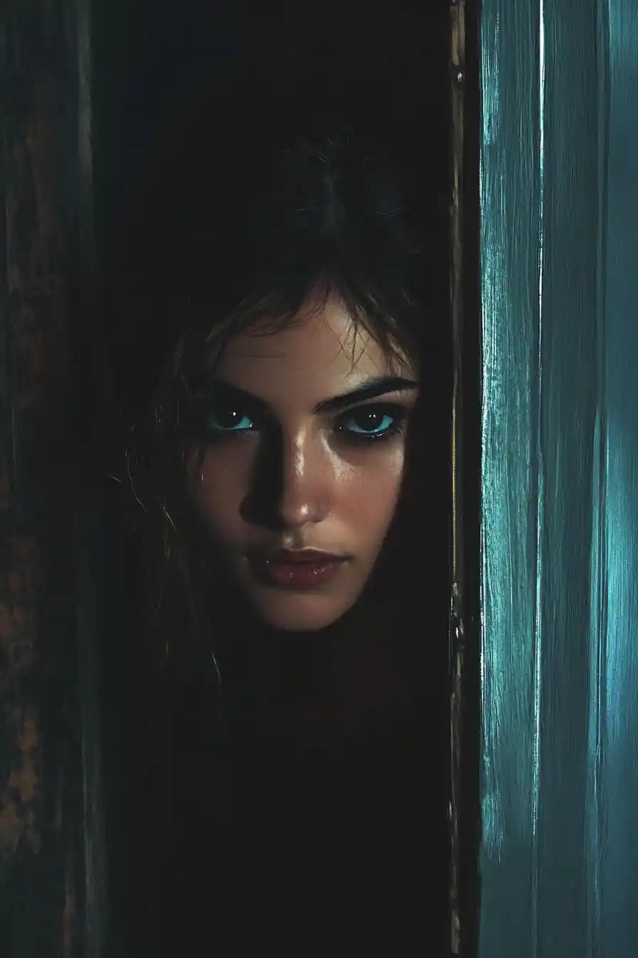 Digital portrait of a woman emerging from a dark doorway