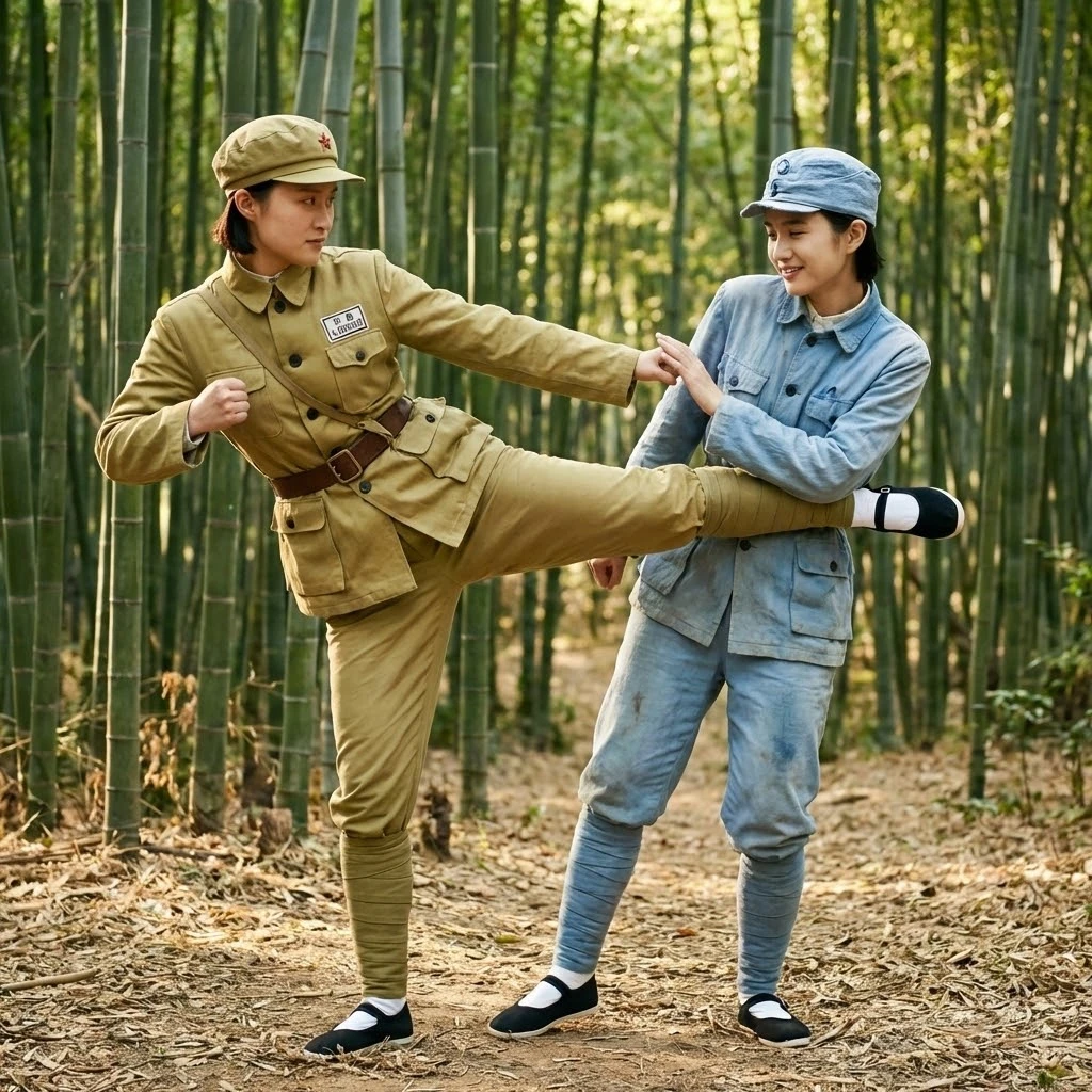 Sorelle cinesi che si allenano in uniforme militare in una foresta di bambù