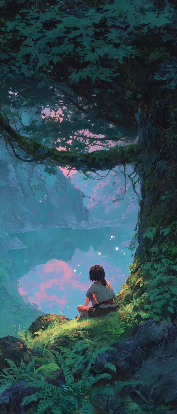 古老大樹旁孤獨的動畫女孩俯瞰寧靜山谷湖泊
