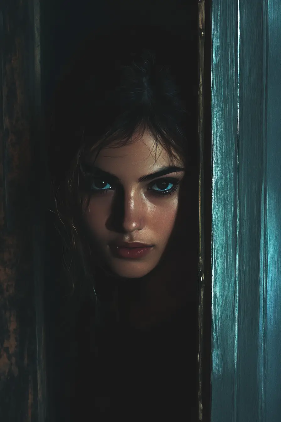Ritratto digitale di una donna che emerge da una porta oscura