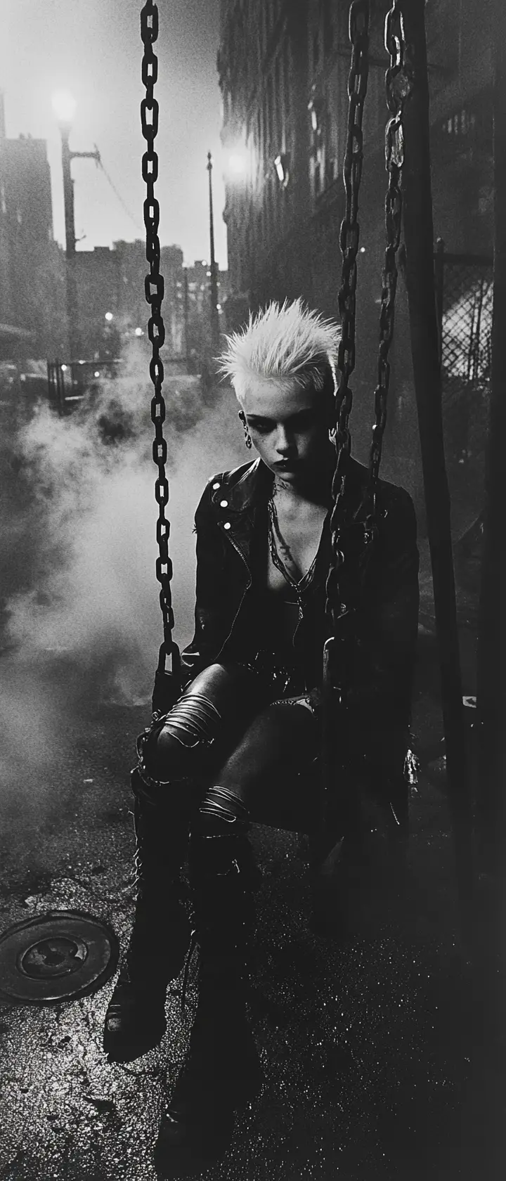 Platinblonde Punkfrau auf einer Schaukel auf einem Stadtspielplatz