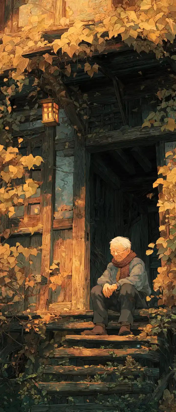 Anziano che tiene una sciarpa su un portico tranquillo in campagna