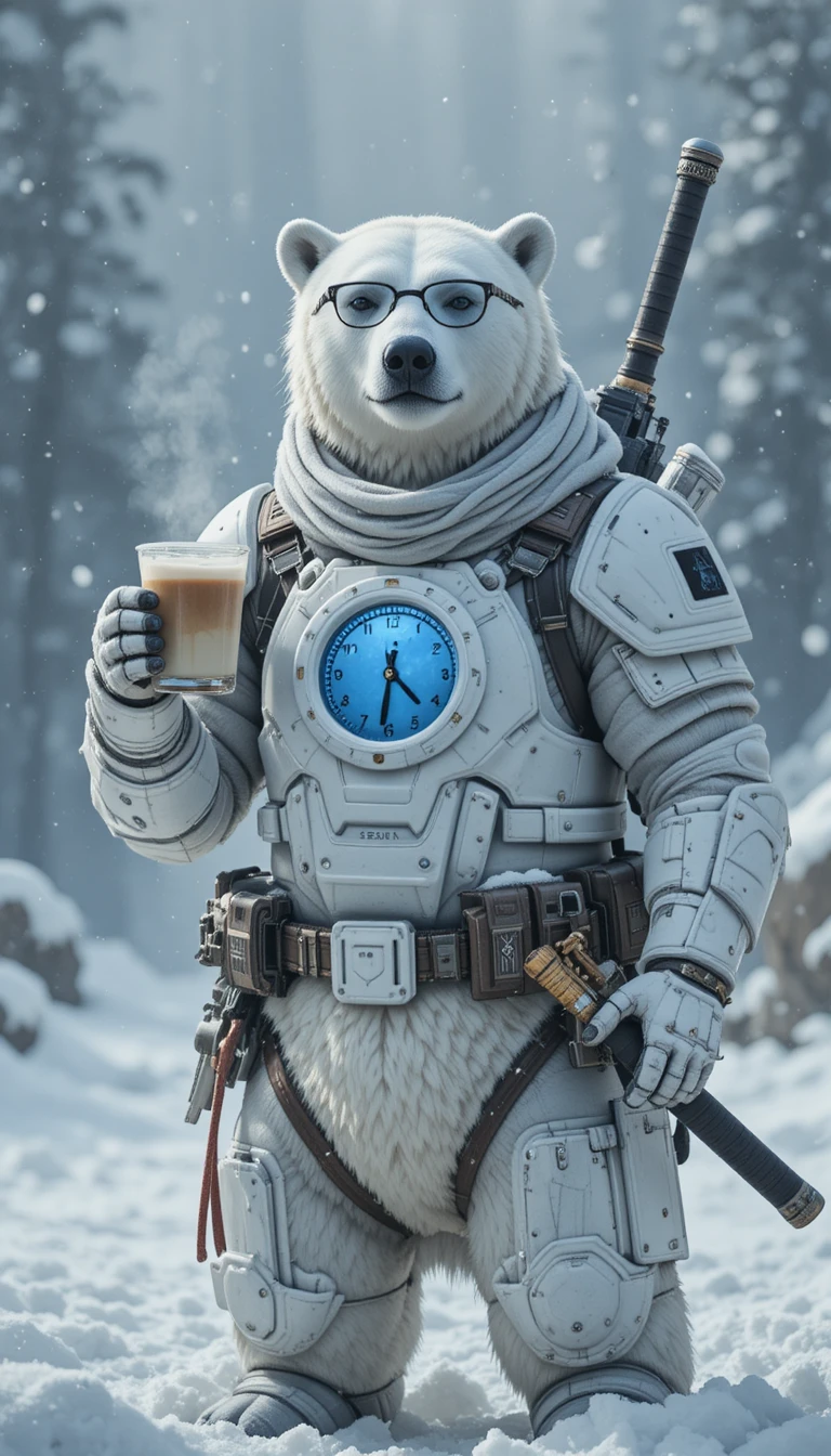 Urso-polar em uma suave armadura branca em pé na neve