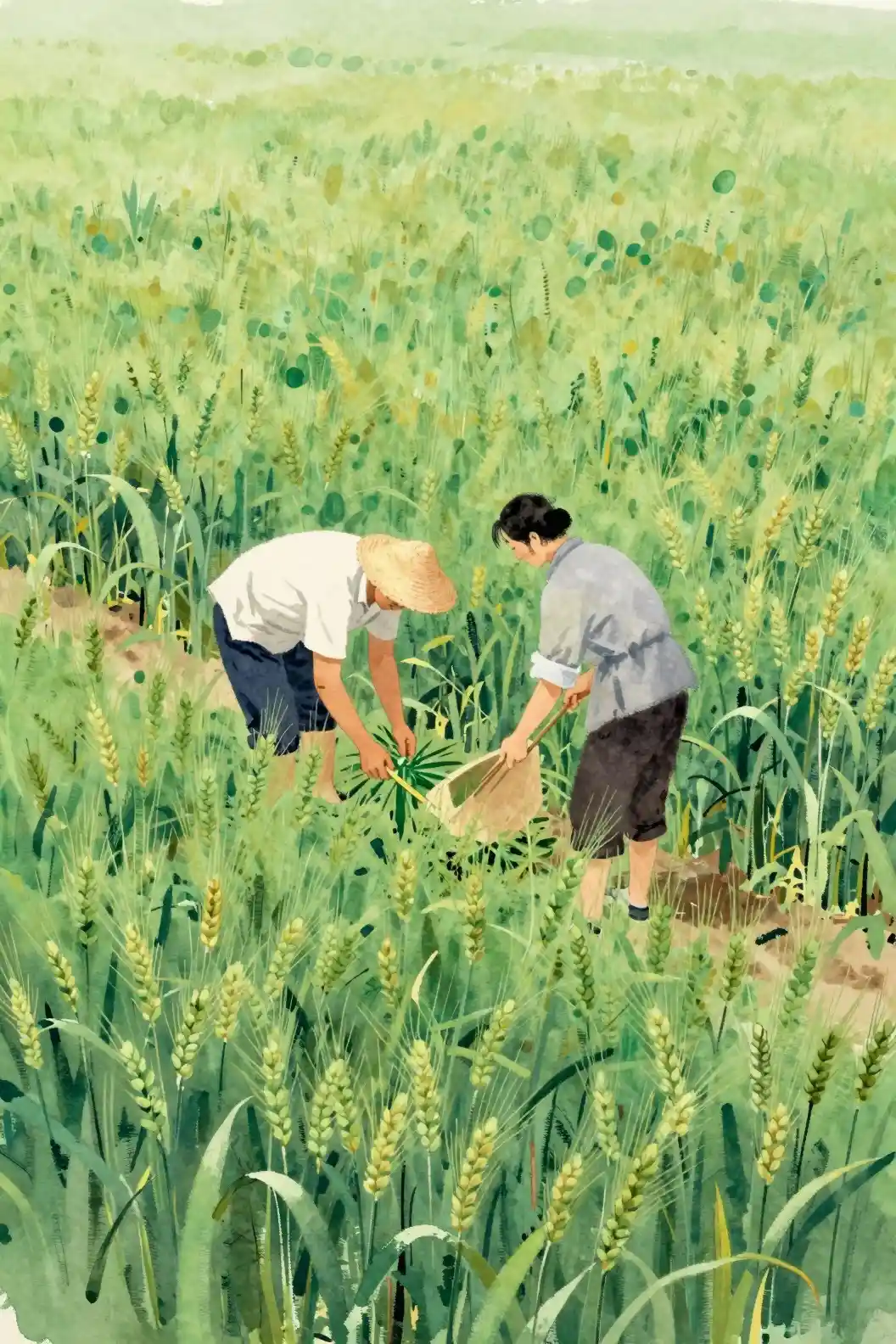 中國農民在綠色小麥田裡工作的插畫